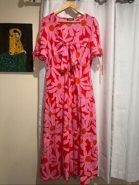 Red and Pink Floral Tie-Front Maxi Dress